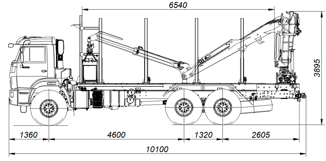 Сортиментовоз с гидроманипулятором VM10L74 на шасси 43118-3090-50, габаритный чертеж